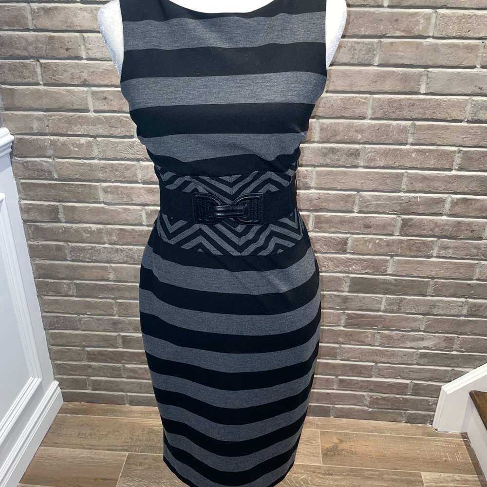 Cache Black and Gray Striped Sheath Dress with Waist Detail and Belt